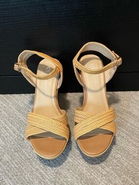 Tan Braided Ankle-Strap Wedge Heels